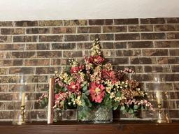 Artificial Floral Arrangement and Pair of Glass Shades Over Brass Candlesticks