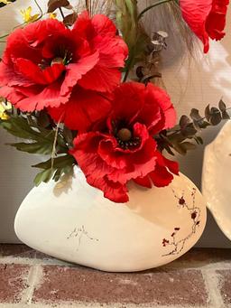 Fenton Type Bird Figurine, Bamboo Plant, Aynsley Cottage Garden China Plate, and 2 Faux Flower Vases