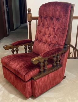 Vintage Burgundy Upholstered Rocker Recliner with Tufted Back