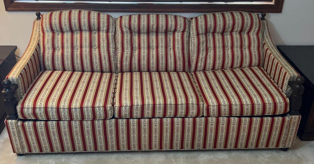 1970's Gothic Type Sleeper Sofa with Beautiful Regency Striped Upholstery