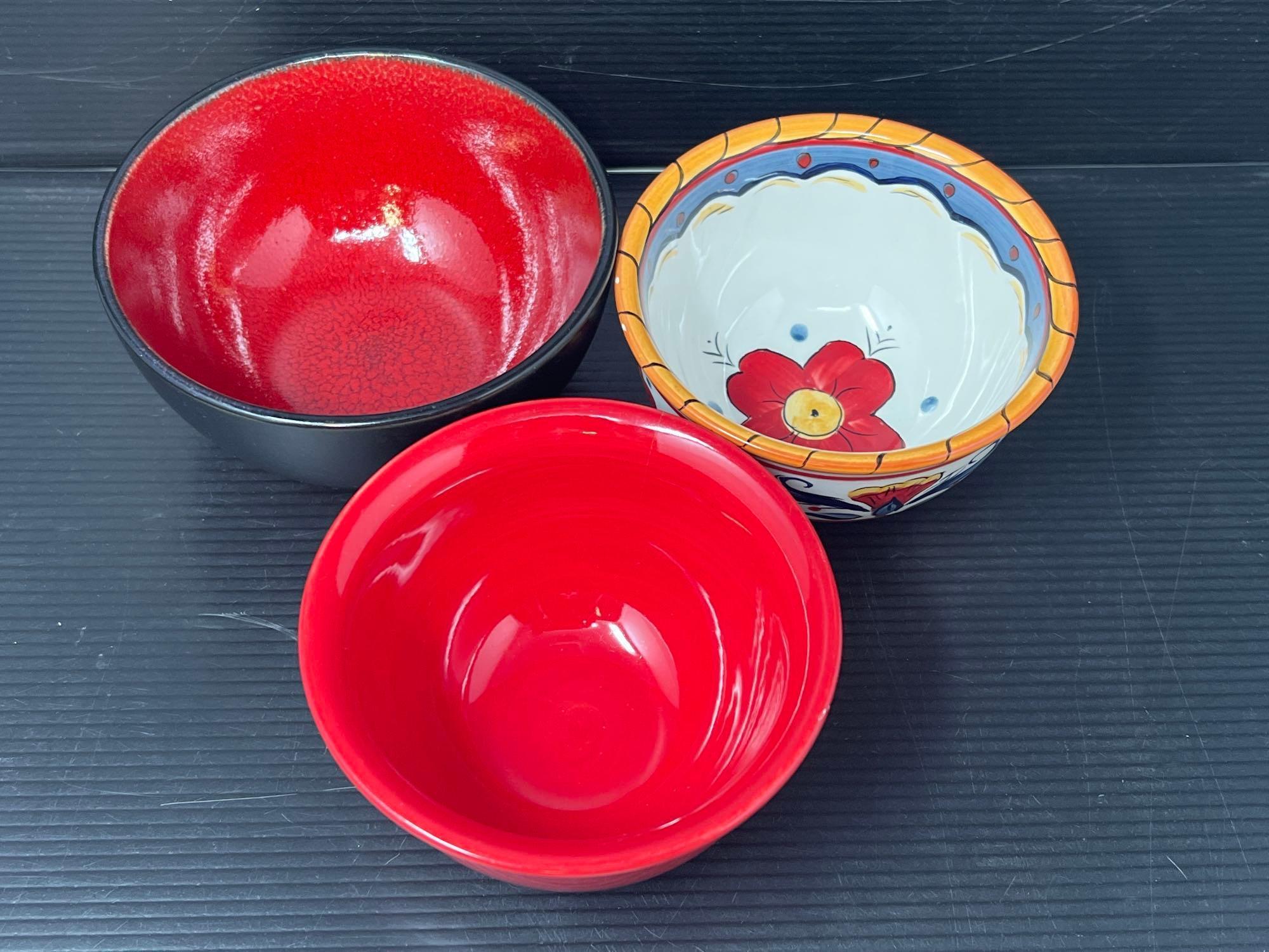 5 BIA Egg-Shaped Ramekins and 3 Bowls- Red & Black w/ Red Interior Pottery and Colorful Ceramic