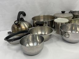 Metal Kitchenware- Tea Kettle, Springform Pan, Mixing Bowls, Strainer, Cook Pots