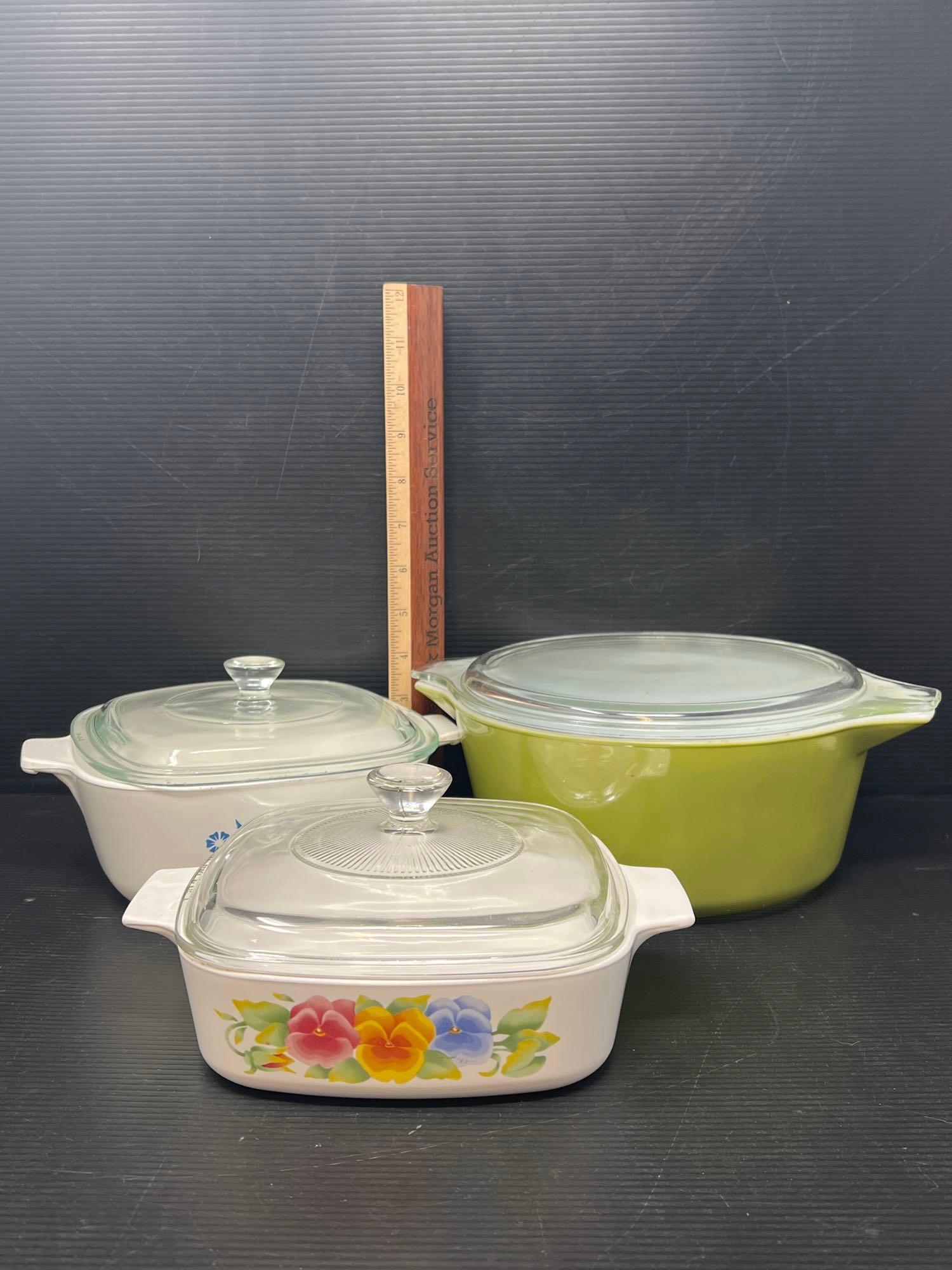 3 Lidded Casserole Dishes- Yellow Pyrex and 2 Others are Corning Ware