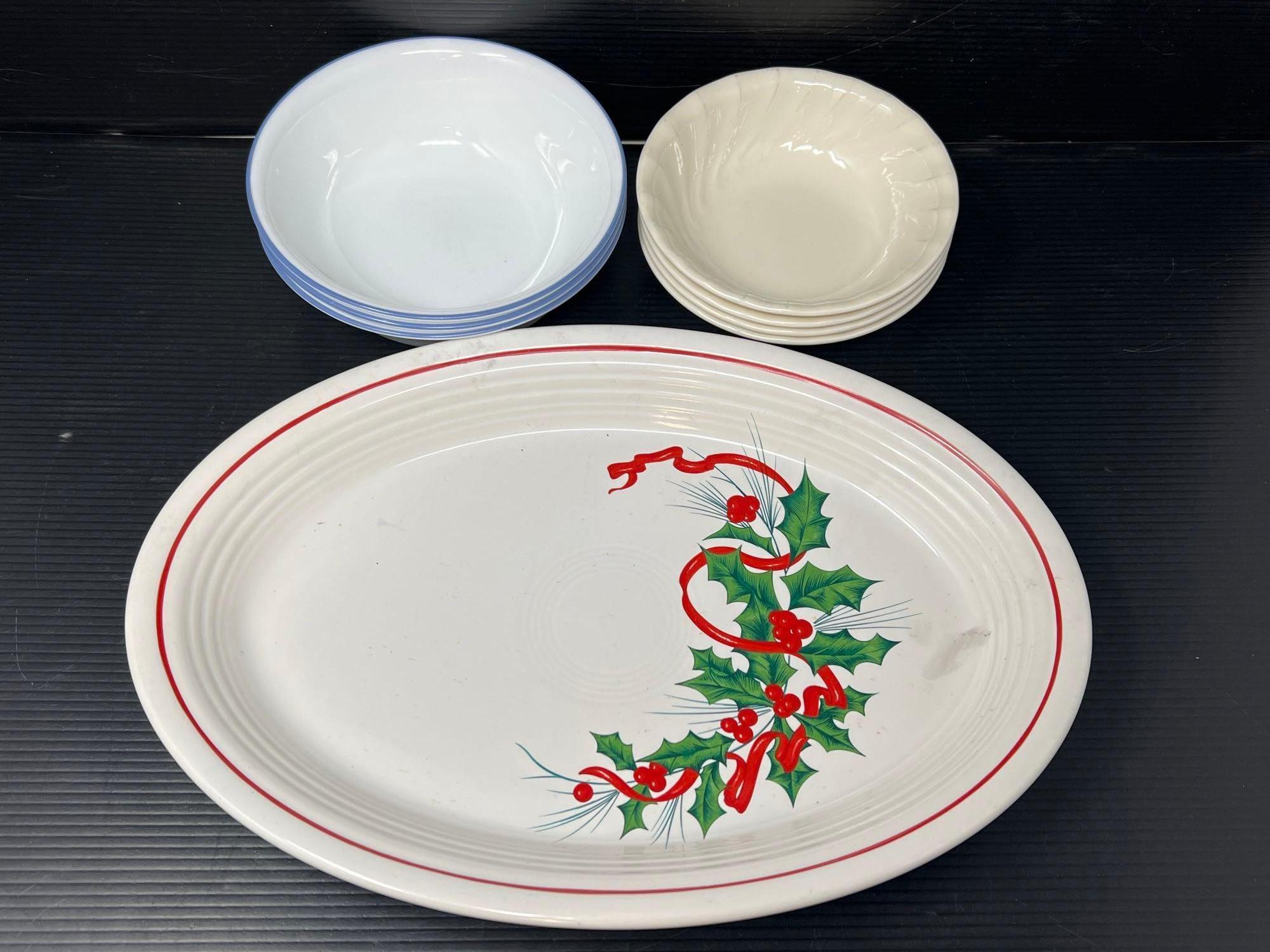 Large Holly Platter and 7 Corelle Soup/Cereal Bowls in 2 Patterns