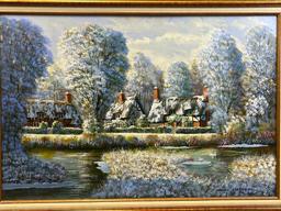 Framed Oil on Canvas Winter Landscape with Tudor Style Houses by Lake