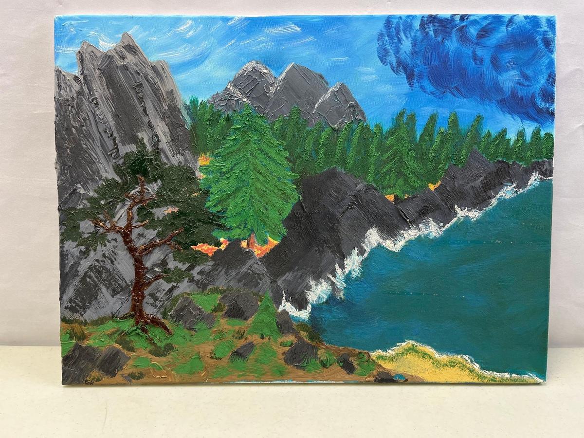 Unframed Oil on Canvas Landscape with Mountains, Volcanic Beach and Lava