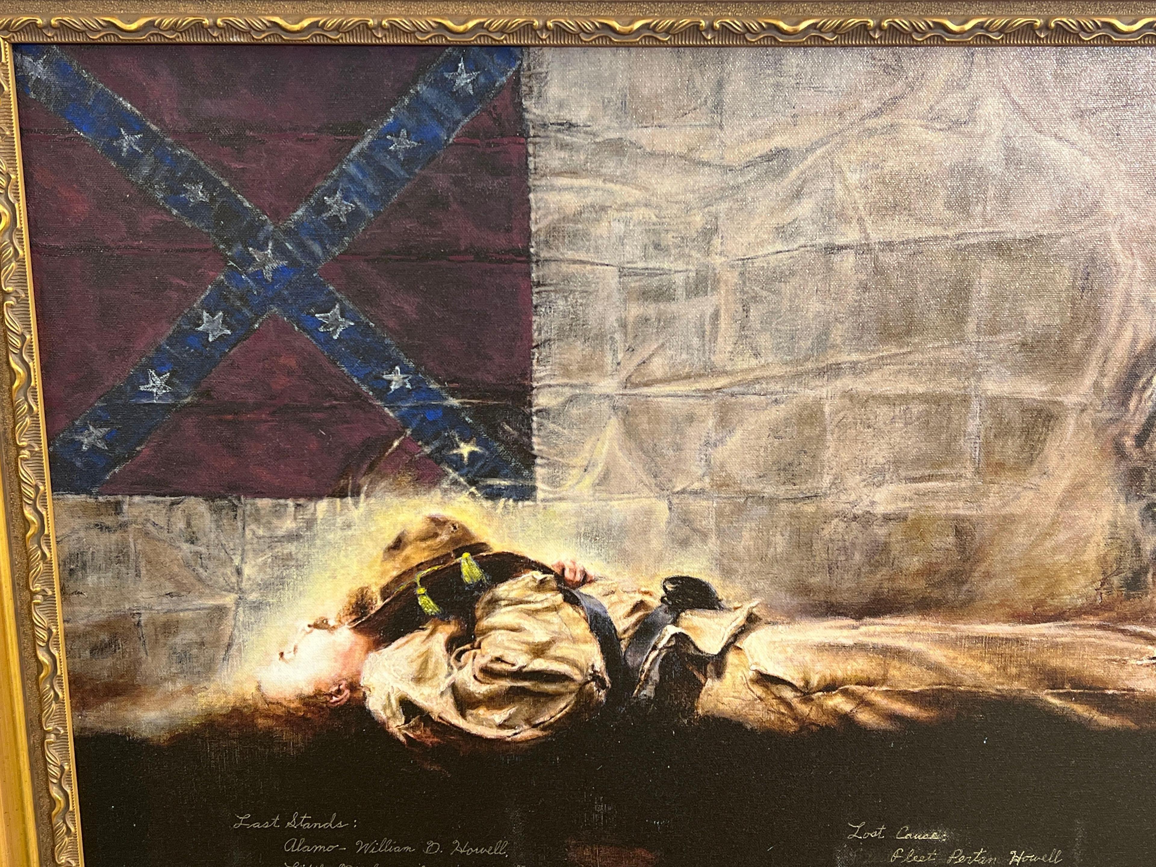 Gilt Framed Oil on Canvas Painting of Civil War Soldier Lying Beneath Confederate Flag