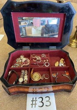 LOT OF JEWELRY, BOX, OIL LAMPS AND BRASS