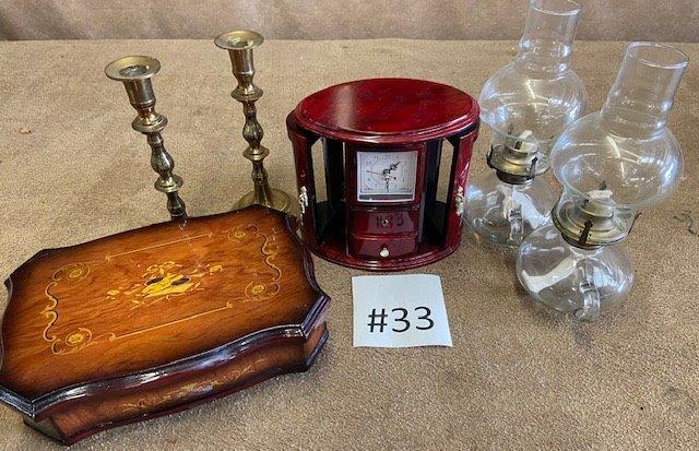 LOT OF JEWELRY, BOX, OIL LAMPS AND BRASS