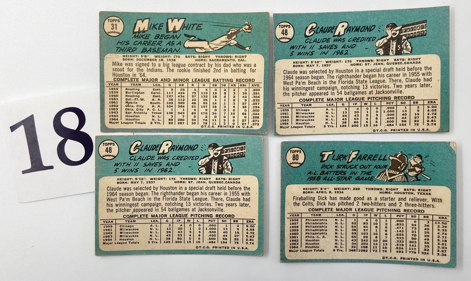 FOUR 1965 HOUSTON COLTS BASEBALL CARDS