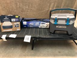 4PC CAMPING GEAR - COTS, COOLER, AIR MATTRESS AND CANOPY