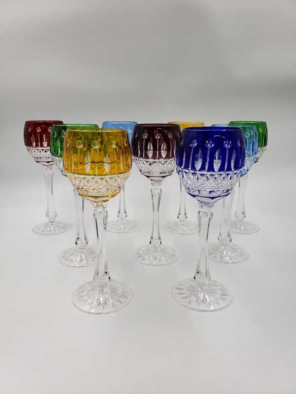 Set of 9 Cut to Clear Colored Crystal Wine Stems