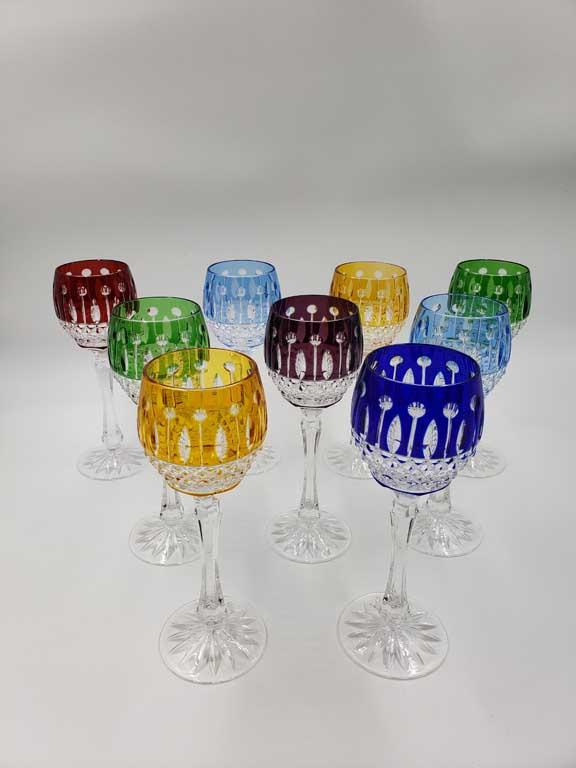 Set of 9 Cut to Clear Colored Crystal Wine Stems
