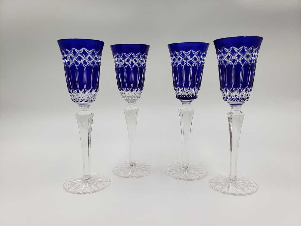 Set of 4 Cut to Clear Crystal Cobalt Blue Champagne Flutes