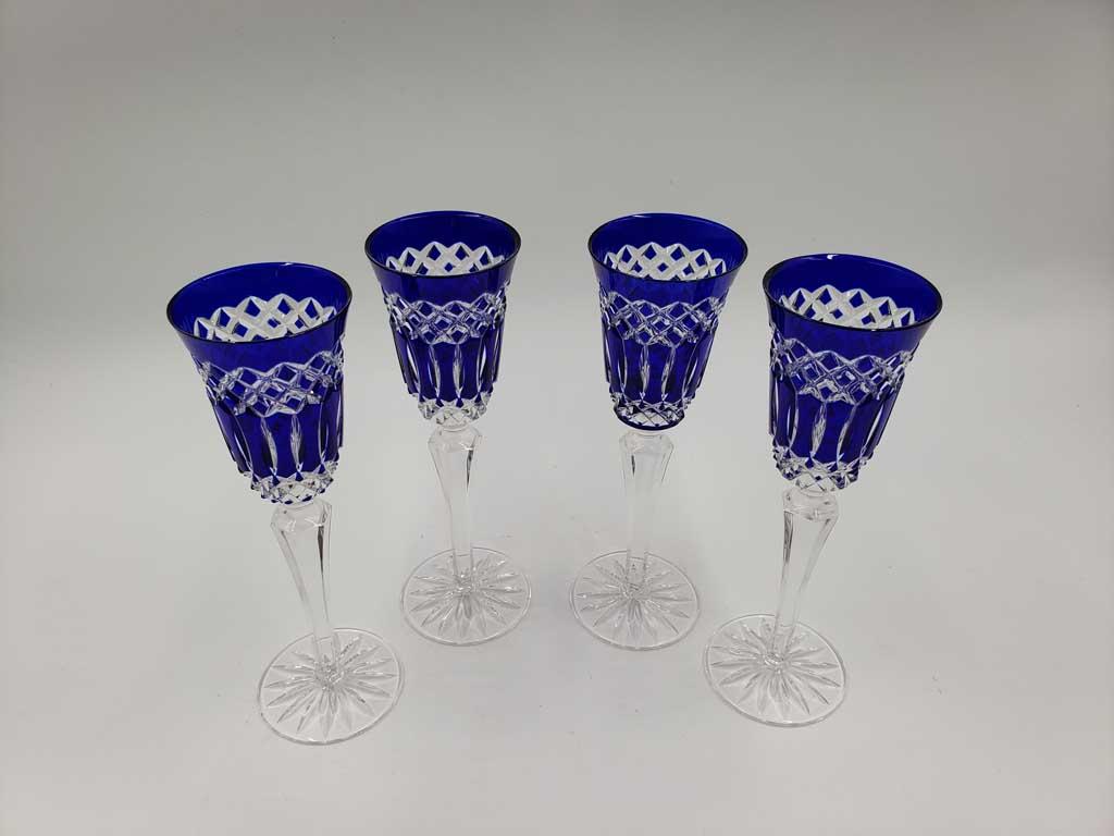 Set of 4 Cut to Clear Crystal Cobalt Blue Champagne Flutes