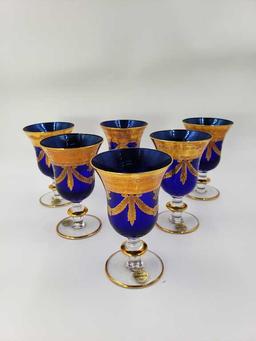 Set of 6 Cobalt and Gold Imperial Made in Italy Red Wine Glasses