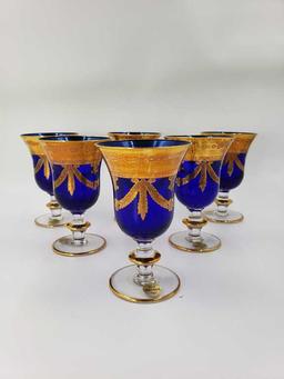Set of 6 Cobalt and Gold Imperial Made in Italy Red Wine Glasses