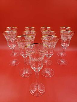 Set of 11 Mikasa "Antique Lace" Gold Rim Crystal Wine Glasses