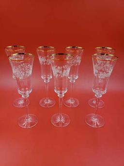 Set of 7 Mikasa "Antique Lace Gold Rim Crystal Champagne Glasses