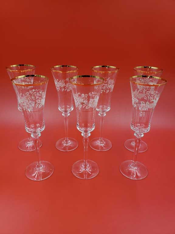 Set of 7 Mikasa "Antique Lace Gold Rim Crystal Champagne Glasses