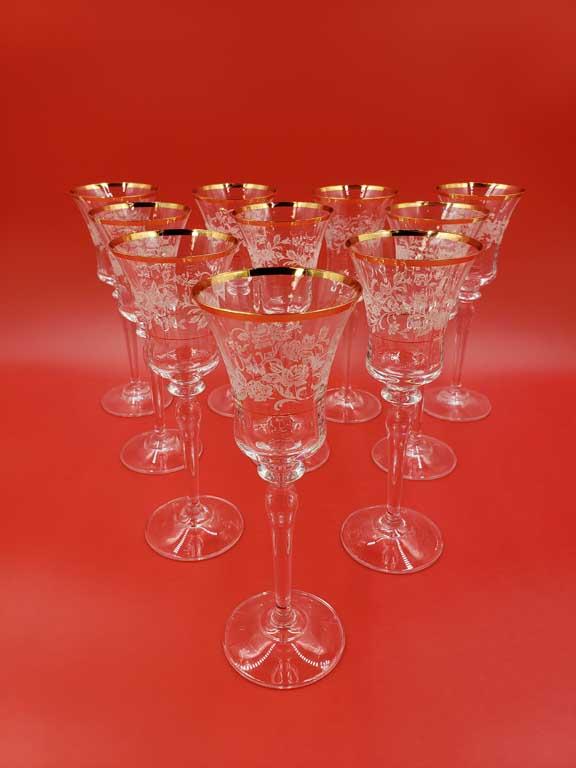 Set of 18 Mikasa "Antique Lace" Gold Rim Crystal Wine Glasses