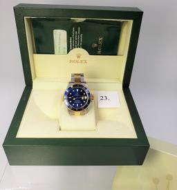 TWO TONE SUBMARINER ROLEX WATCH WITH BLUE DIAL