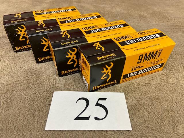 (4) BOXES BROWNING 9MM LUGER AMMO      600 ROUNDS TOTAL