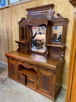 2PC ANTIQUE WALNUT SIDEBOARD WITH BEVELED MIRRORS