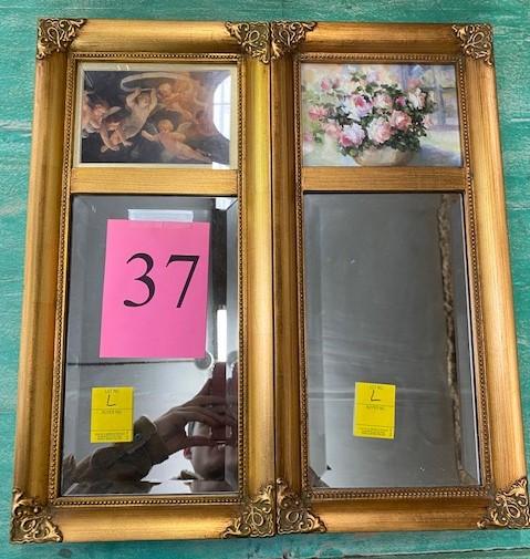 2 - GOLD FRAMED BEVELED WALL MIRRORS WITH PRINTS