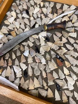SHADOW BOX OF ANTIQUE DAGGER AND ARROWHEAD POINTS