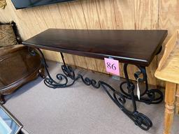 WOOD TOP WROUGHT IRON BASE HALL TABLE