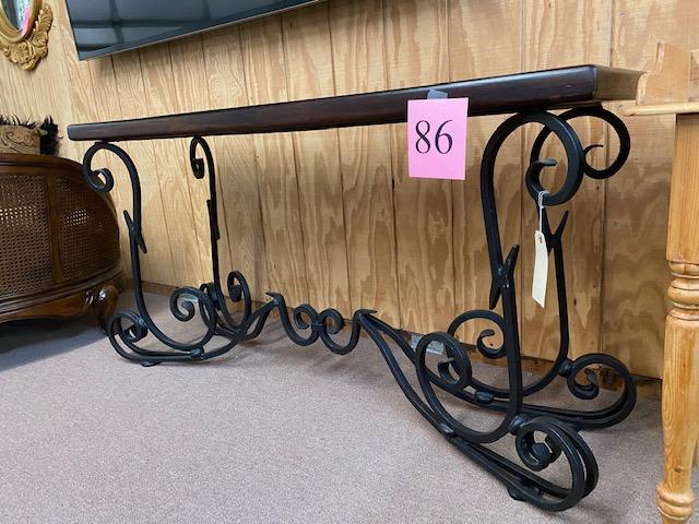 WOOD TOP WROUGHT IRON BASE HALL TABLE