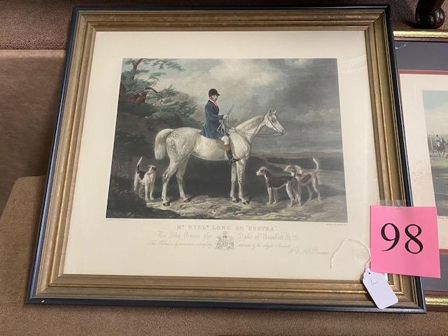 2PC FRAMED HORSE PRINTS MR. WILL M. LONG ON "BERTHA" AND "A GALLOP ON THE BOARDS"