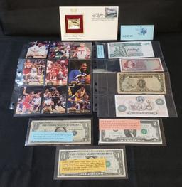 LOT OF U.S. BILLS, SILVER CERTIFICATE, BARR NOTE, 1976 $2 NOTE, 24KT STAMP, SPORTS CARDS