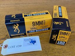 (2) BOXES BROWNING 9MM LUGER FMJ 124GR  - 300 TOTAL ROUNDS