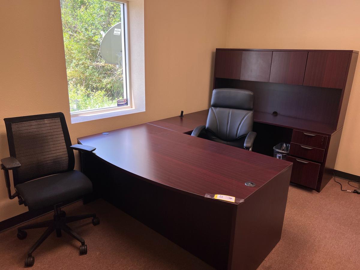 U SHAPE DESK WITH HUTCH TOP, EXECUTIVE CHAIR AND OFFICE CHAIR