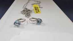 2PC SET STERLING SILVER BLUE TOPZ EARRINGS AND PENDANT WITH CHAIN