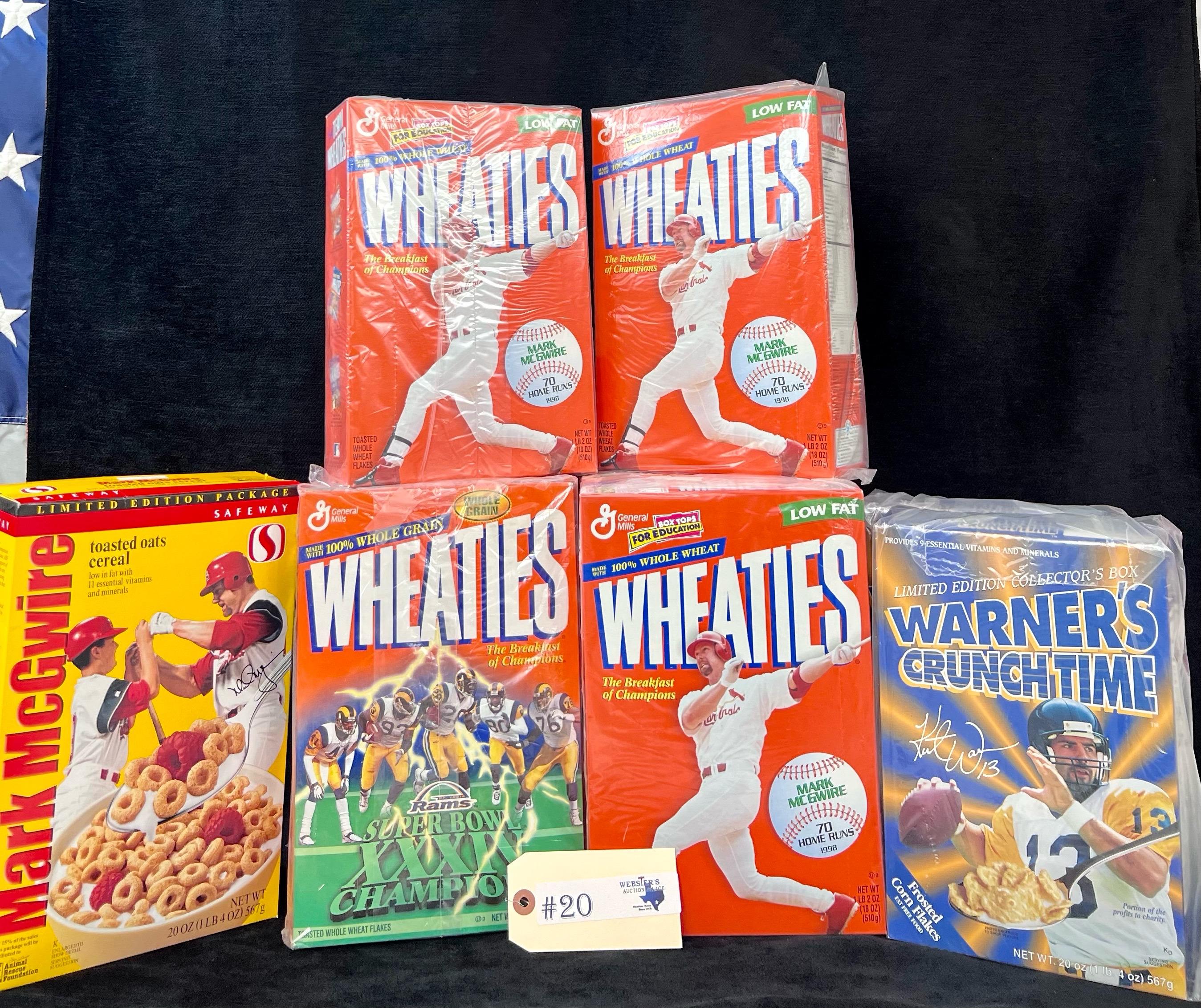 LARGE LOT OF COLLECTOR WHEATIES, WARNER'S CRUNCH TIME AND MARK MCGWIRE CEREAL