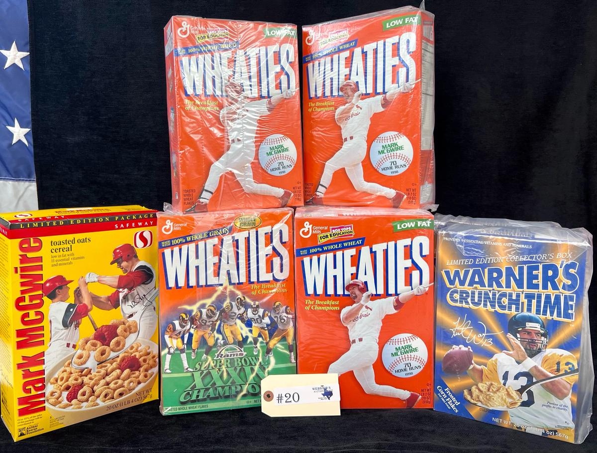 LARGE LOT OF COLLECTOR WHEATIES, WARNER'S CRUNCH TIME AND MARK MCGWIRE CEREAL