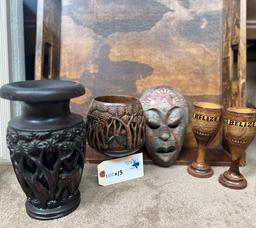 LOT OF CARVED WOOD ITEMS - VASES, WINE STEMS, LARGE TRAY AND PAINTED MASK