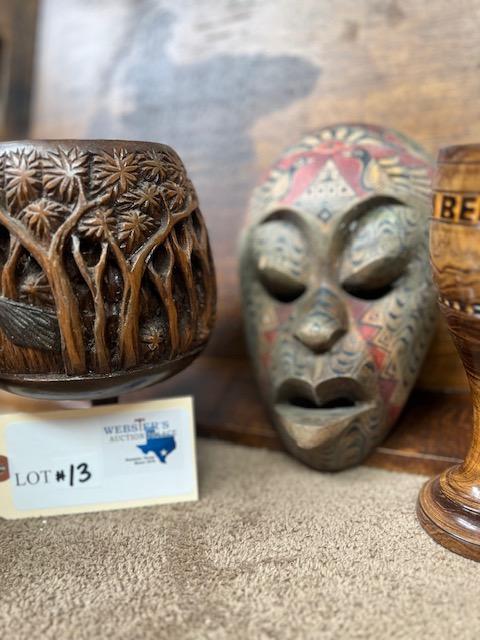 LOT OF CARVED WOOD ITEMS - VASES, WINE STEMS, LARGE TRAY AND PAINTED MASK