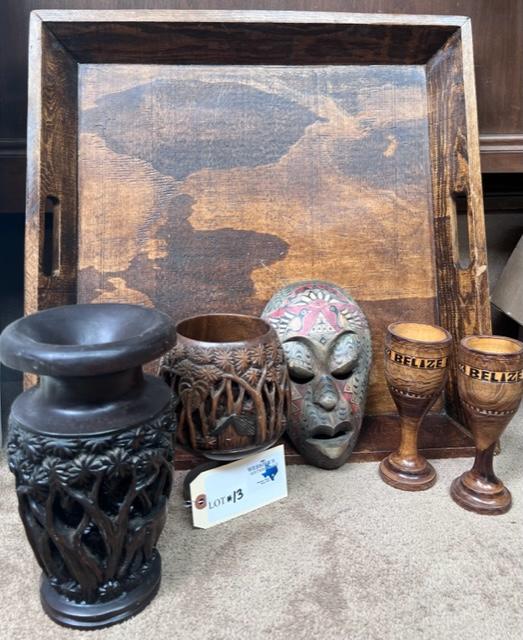 LOT OF CARVED WOOD ITEMS - VASES, WINE STEMS, LARGE TRAY AND PAINTED MASK