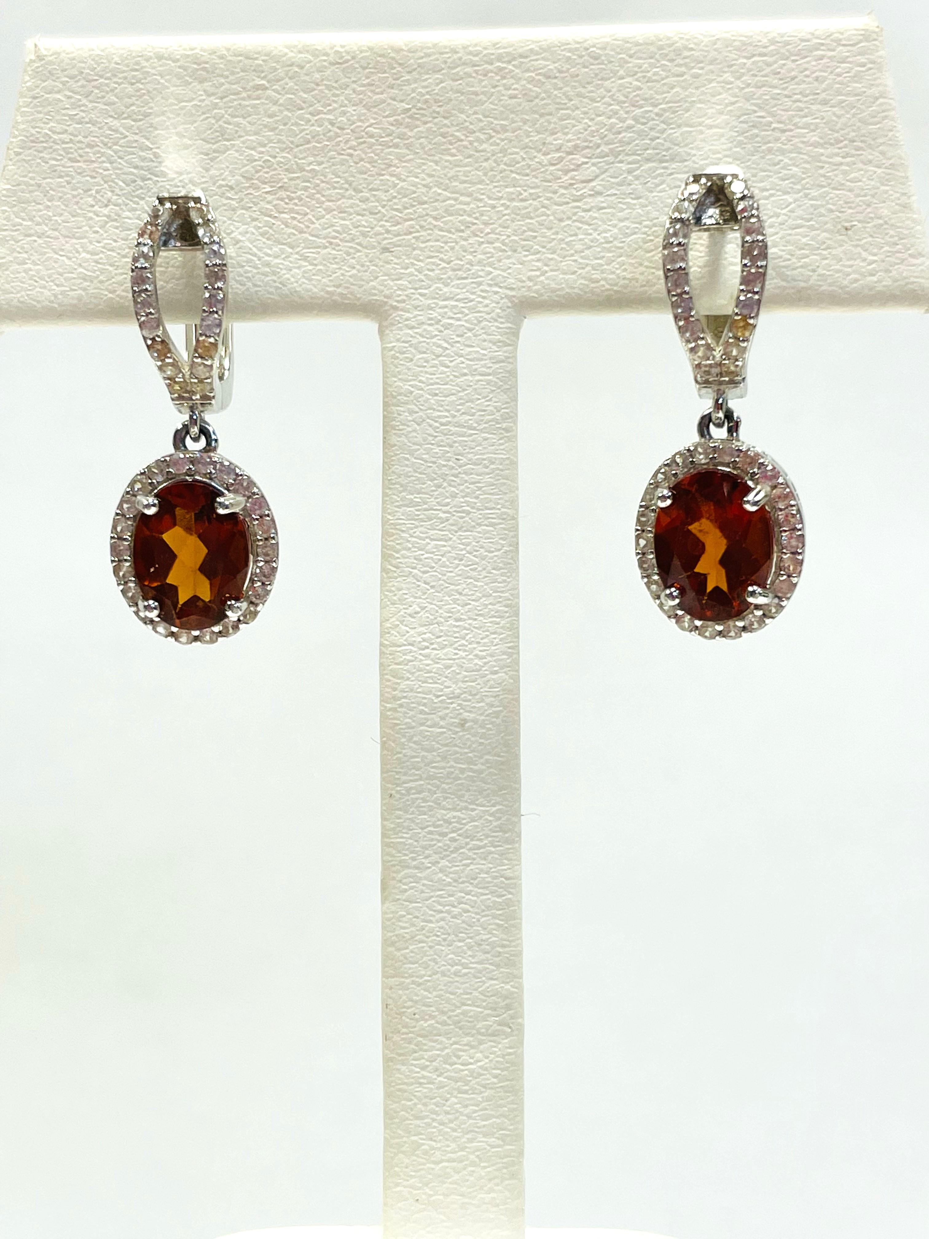 2PC STERLING SILVER HESSONITE AND WHITE ZIRCON DROP EARRINGS AND RING