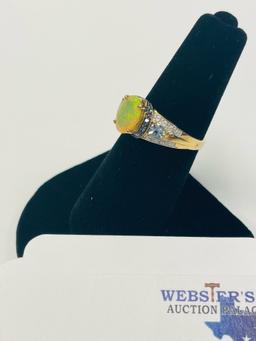 10KT YELLOW GOLD OPAL, DIAMOND AND BLUE TOPAZ RING