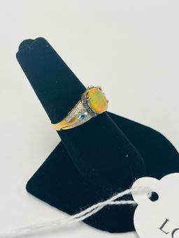 10KT YELLOW GOLD OPAL, DIAMOND AND BLUE TOPAZ RING