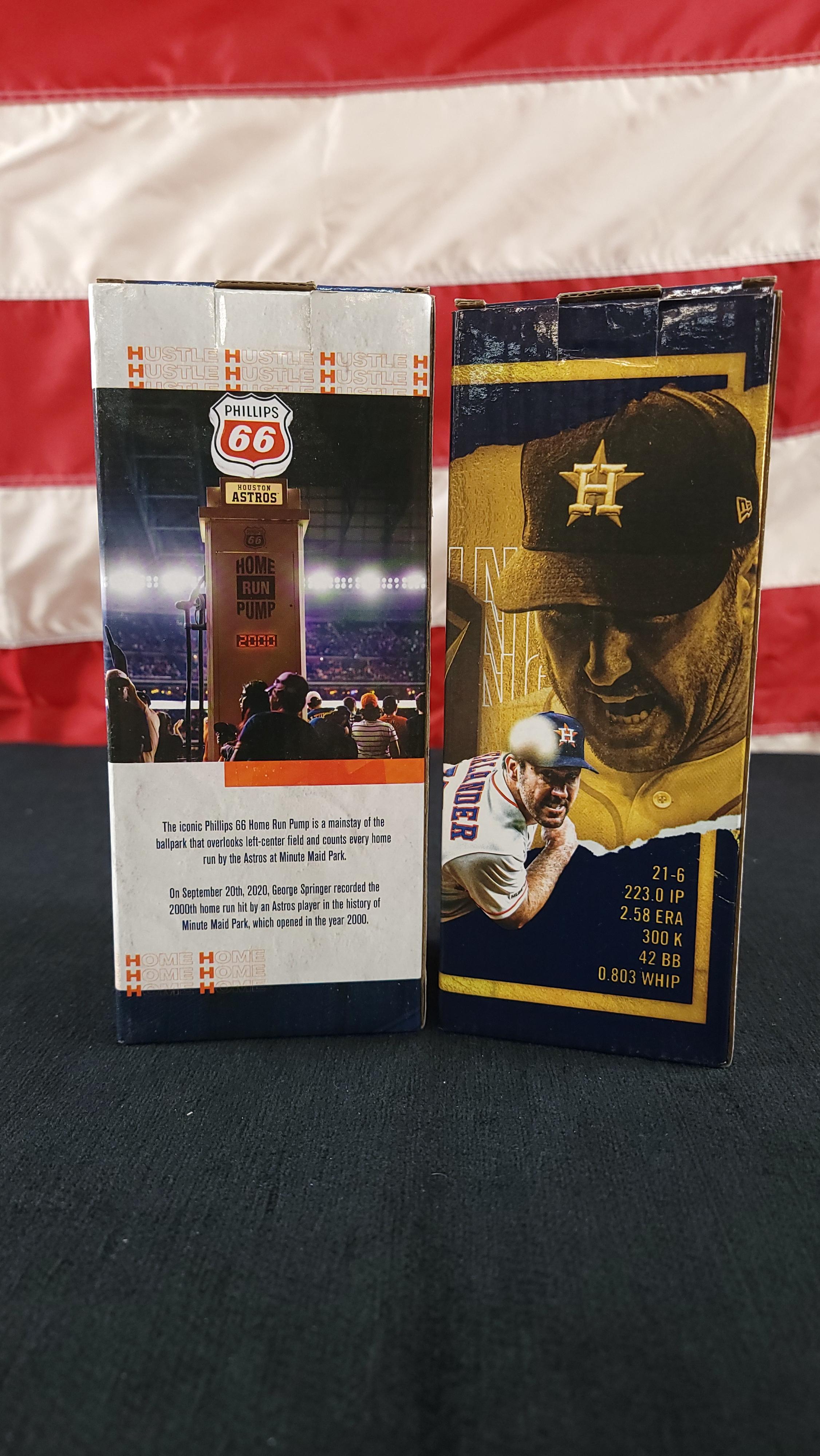 2- ASTROS BOBBLE HEAD STATUES - JUSTIN VERLANDER AND PHILLIPS 66 HOME RUN PUMP