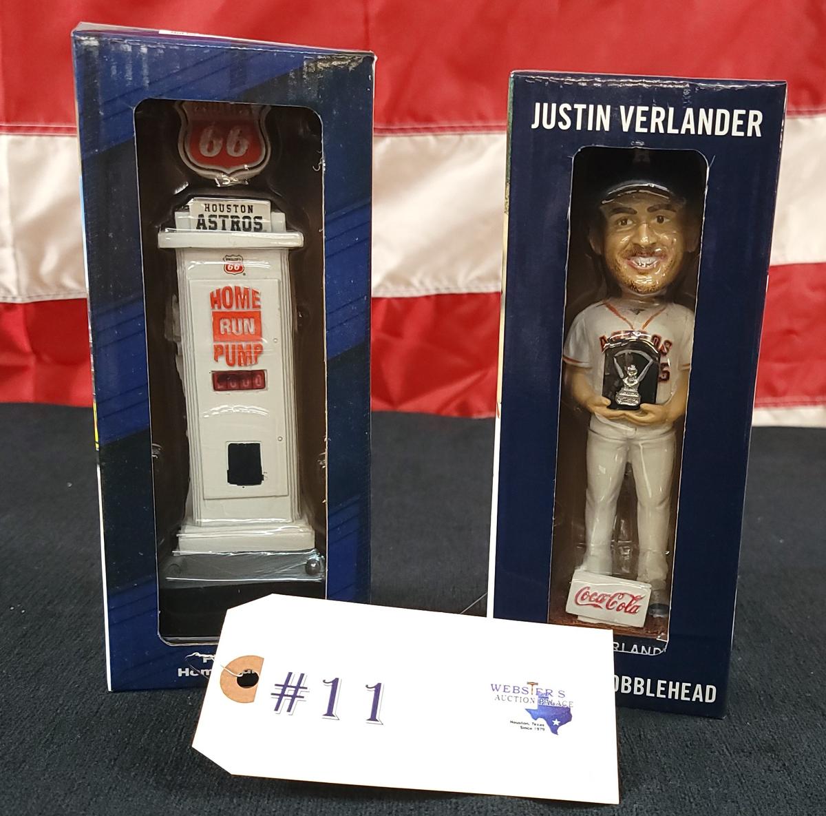 2- ASTROS BOBBLE HEAD STATUES - JUSTIN VERLANDER AND PHILLIPS 66 HOME RUN PUMP