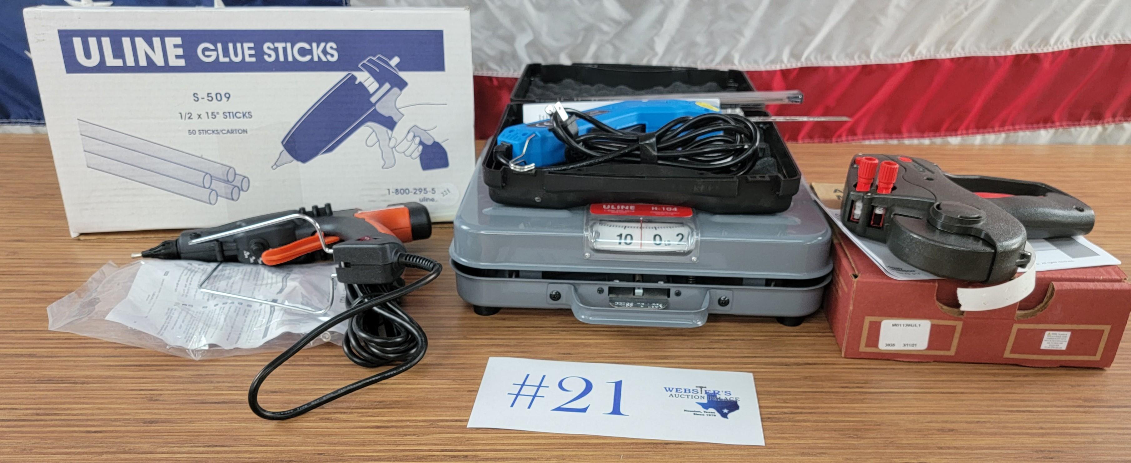 ULINE SCALES, GLUE GUN WITH STICKS, ELECTRIC CUTTER, ETC.