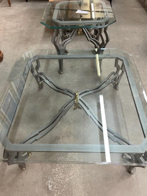 SET OF GLASS TOP-WROUGHT IRON BASE TABLE