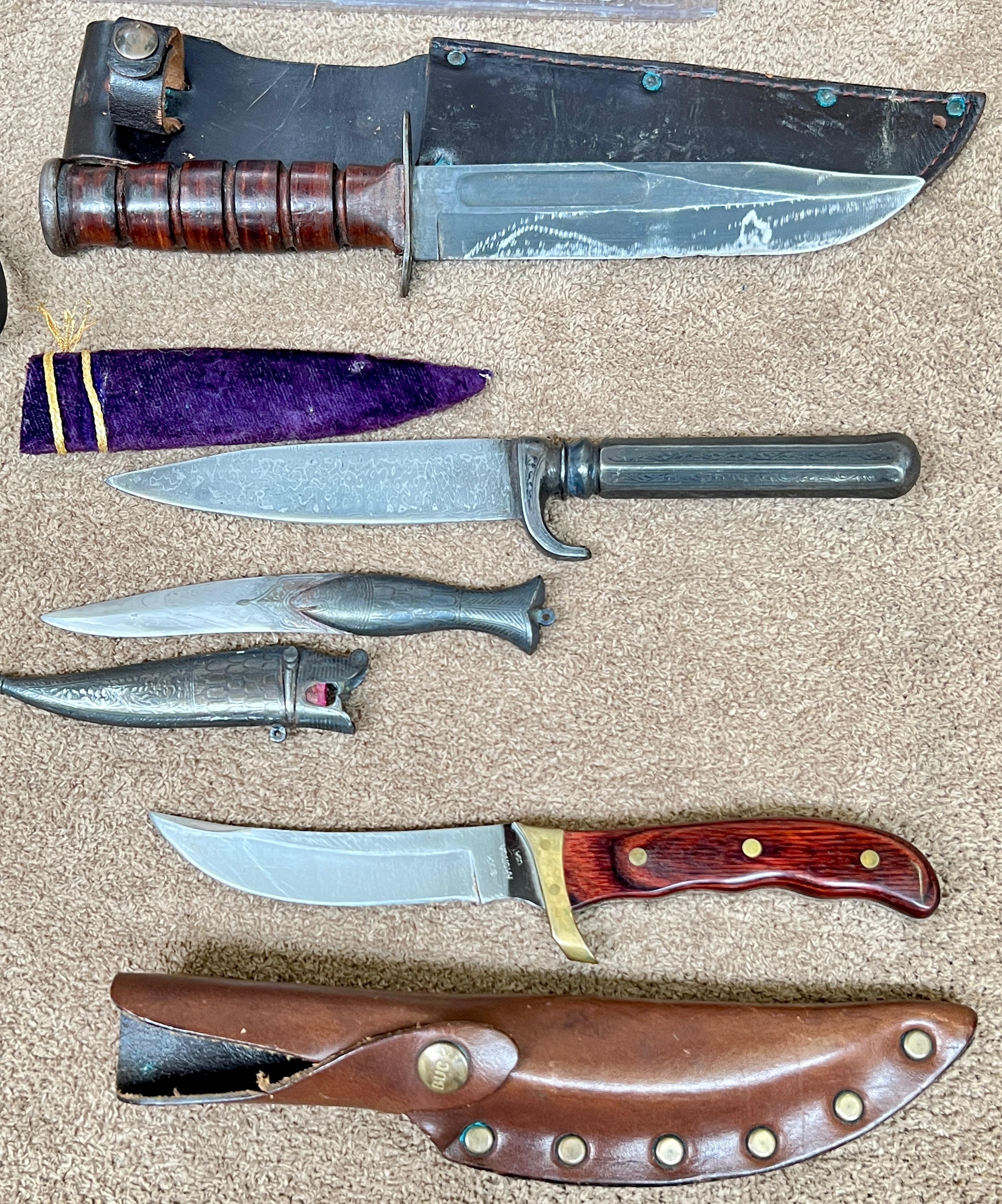 LARGE LOT OF HUNTING KNIVES, SHARPENING SYSTEM, POCKET KNIVES AND WATCHES